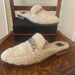 Dolce Vita Plush Sherpa Loafer Style Mules with Silver Tone Chain